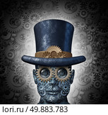 Steampunk science fiction concept as a fantasy mechanical human head made of gears and cogs wearing a historical victorian retro top hat as a technology symbol of futuristic fictional machine hybrid. Стоковое фото, агентство Ingram Publishing / Фотобанк Лори