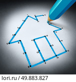 Planning a home concept with a pencil drawing lines to connect the dots to realize a family dream of building a residential structure by saving money to afford a house mortgage. Стоковое фото, агентство Ingram Publishing / Фотобанк Лори