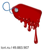 Bleeding debt and liquidation sale financial concept or halloween sales symbol as a retail price tag with blood dripping down on a white background as an icon for hot specials with melting plastic. Стоковое фото, агентство Ingram Publishing / Фотобанк Лори