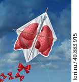 Lungs freedom and clean air quality concept and healthy breathing in a pollution free environment represented by human lungs as a flying kite in a sky background as a symbol of healthful living free from smoking and air toxins. Стоковое фото, агентство Ingram Publishing / Фотобанк Лори