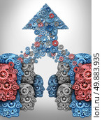 Crowdsourcing technology internet concept and crowdfunding financial symbol as a group of human heads made of machine gears supporting a new business venture with social networking funding cooperation resulting in an upwards arrow for success. Стоковое фото, агентство Ingram Publishing / Фотобанк Лори