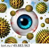 Hay fever and pollen allergy concept as a group of microscopic organic pollination particles flying in the air with an itchy and watery human eye ball with red veins as a health care symbol of seasonal allergies and irritation suffering. Стоковое фото, агентство Ingram Publishing / Фотобанк Лори