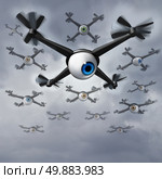 Drone privacy concerns social issues concept as a group of spy drones with human eye balls collecting private information in a reconnaissance and surveilliance mission. Стоковое фото, агентство Ingram Publishing / Фотобанк Лори