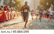 A man is sprinting down a street lined with a crowd of people, showcasing a scene of active movement and energy. Стоковое AI-изображение, AI-художник Данила Большаков / Фотобанк Лори