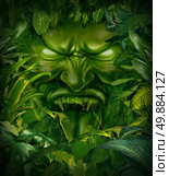 Jungle fear nightmare concept as a scary monster head emerging out from a dark tropical rain forest as a symbol of risk and exploration danger. Стоковое фото, агентство Ingram Publishing / Фотобанк Лори