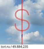 Money ladder success concept as a risk taker businessman climbing a red group of ladders shaped as a dollar symbol as a metaphor for financial gain or finance management strategy. Стоковое фото, агентство Ingram Publishing / Фотобанк Лори