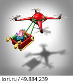 Drone holiday gifts delivery as a christmas sled concept transporting presents with a santa clause flying quadrocopter delivering cargo as a symbol of new transport technology. Стоковое фото, агентство Ingram Publishing / Фотобанк Лори