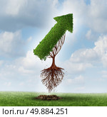 New horizon concept and looking for new business opportunities for growth and success by changing environment and relocating as a tree shaped as an upward arrow uprooted flying up to the sky moving forward. Стоковое фото, агентство Ingram Publishing / Фотобанк Лори