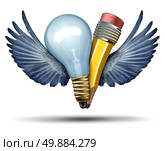 Creativity freedom concept as a lightbulb and pencil in a joint effort flying up with bird wings as a metaphor and strategic symbol for creative partnership collaboration as a business leadership success icon for teaming up in cooperation. Стоковое фото, агентство Ingram Publishing / Фотобанк Лори