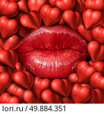 Romance concept and love symbol as red female lips surrounded by a group of heart icons representing relationship feelings and emotions of  passion. Стоковое фото, агентство Ingram Publishing / Фотобанк Лори