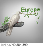 Europe conflict and diplomatic crisis concept as a white dove holding an olive branch with the leaves shaped as text as a hope and risk symbol for peace and finding a peaceful negotiated solution for eastern and western european security. Стоковое фото, агентство Ingram Publishing / Фотобанк Лори