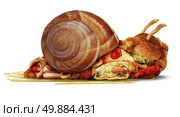 Sluggish diet and weight loss concept as a group of fast food as hamburgers hotdog french fries and fried chicken as a health symbol for a sedentary unhealthy lifestyle and an icon for being out of shape.. Стоковое фото, агентство Ingram Publishing / Фотобанк Лори