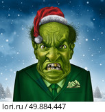Greedy holiday boss concept and selfish christmas greed as a green business manager character with a santa claus hat and suit with a dollar sign on his forehead representing the concept of selfishness and stingy financial behavior. Стоковое фото, агентство Ingram Publishing / Фотобанк Лори