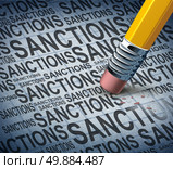 Removing sanctions lifting economic pressure as a global economy symbol for solutions to trade disputes as a pencil eraser erasing words as a metaphor for diplomatic success in negotiating government agreements. Стоковое фото, агентство Ingram Publishing / Фотобанк Лори