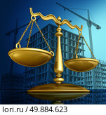 Construction law concept as a justice scale over a working building site with cranes and a structure being built as a concept for architecture permits and real estate regulations. Стоковое фото, агентство Ingram Publishing / Фотобанк Лори