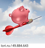 Budget goal and financial advice business concept as a piggybank character riding a red dart as a financial success symbol for managing finances and savings. Стоковое фото, агентство Ingram Publishing / Фотобанк Лори