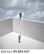 Career exploration business success thinking concept as a surreal metaphor with an innovative  businessman split into two pieces with one half flying away above the wall as a balloon. Стоковое фото, агентство Ingram Publishing / Фотобанк Лори