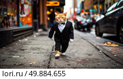 A black and white cat dressed in a tuxedo confidently struts down the urban street. Стоковое AI-изображение, AI-художник Данила Большаков / Фотобанк Лори