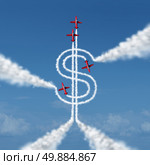 Money achievement concept as a group of acrobatic jets in an airshowor airplanes flying in the sky creating a smoke trail shaped as a dollar sign as a metaphor and symbol of financialsuccess with organized planning. Стоковое фото, агентство Ingram Publishing / Фотобанк Лори