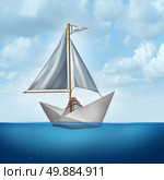 Upgrade your skills concept and improve abilities symbol as a boat sail tied to a paper boat as an upgrading and advancement metaphor for strategic innovation to succeed with change. Стоковое фото, агентство Ingram Publishing / Фотобанк Лори