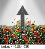 Direction freedom concept as a road shaped as an upward arrow breaking through a group of traffic signs as a business symbol for having a clear strategy and plan or escaping bureaucracy icon. Стоковое фото, агентство Ingram Publishing / Фотобанк Лори