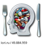 Brain drugs and neuroscience medicine concept as a dinner plate with knife and fork shaped as a human head with medication as pills and capsules as a smart drug mental health symbol for research in new neurology therapy. Стоковое фото, агентство Ingram Publishing / Фотобанк Лори