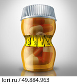 Diet pills and appetite suppressing medication as a prescription drug bottle squeezed by a tight fitness tape measure as a slimming metaphor for losing weight medicine. Стоковое фото, агентство Ingram Publishing / Фотобанк Лори