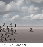 Winning the race business concept as a group of businesspeople running together with an individual businessman breaking away from the pack heading towards the finnish line as a success metaphor. Стоковое фото, агентство Ingram Publishing / Фотобанк Лори
