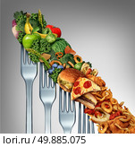 Diet relapse change as a healthy lifestyle slowly goes downward to greasy unhealthy fast food concept as a dieting quality decline symbol of returning to bad eating habits as a group of descending forks with meal items on them. Стоковое фото, агентство Ingram Publishing / Фотобанк Лори