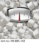 Eating sugar concept as a weight scale made from refined sugary cubes as a dieting fitness and nutrition symbol for the health risk issues of consuming too much sweetener in the human diet. Стоковое фото, агентство Ingram Publishing / Фотобанк Лори