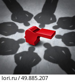 Intimidation of whistleblower concept and whistle blower stress symbol representing the pressure experienced for  exposing corruption with shadows of people who do not follw the rules as a red whistle shaped as a human head. Стоковое фото, агентство Ingram Publishing / Фотобанк Лори