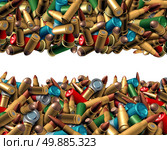 Bullet ammunition border isolated on a white background as a concept with a group of different calibre ammo in a mixed heap representing the risk of violence and security social issues involving firearm weapons. Стоковое фото, агентство Ingram Publishing / Фотобанк Лори