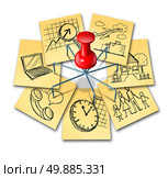 Multitasking concept and multipurpose perform symbol icon as a group of office notes with different life responsibilities as family and work obligations connected by a multipronged thumb tack pin. Стоковое фото, агентство Ingram Publishing / Фотобанк Лори