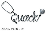 Quack doctor concept and quackery health care medical fraud as a physician stethoscope shaped as the word that represents fraudulent fake medicine practice and a pretender promoting false cures and unproven therapies. Стоковое фото, агентство Ingram Publishing / Фотобанк Лори