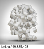 Sugar addiction concept as a human head made of white granulated refined sweet cubes as a health care symbol for being addicted to sweeteners and the medical issues pertaining to processed food. Стоковое фото, агентство Ingram Publishing / Фотобанк Лори