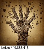 Technology touch concept and robotics or robot symbol as a group of mechanical gears and gog machine wheels shaped as a human hand as a metaphor for bionic engineering or artificial intelligence spread. Стоковое фото, агентство Ingram Publishing / Фотобанк Лори