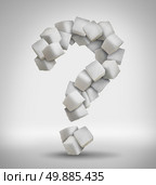 Sugar questions concept sweet food ingredient with a close up of a pile of delicious white lumps of cubes shaped as a question mark as a confusion symbol of diet health risks related to diabetes and calorie intake. Стоковое фото, агентство Ingram Publishing / Фотобанк Лори