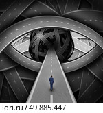 Recruitment visionary road and business recruiting concept as a businessman walking on a straight path into a group of streets shaped as a human eye as a success metaphor for searching for new career opportunities. Стоковое фото, агентство Ingram Publishing / Фотобанк Лори