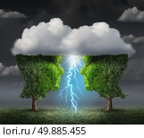 Business spark idea concept as two trees shaped as a head under a storm cloud creating a thunderbolt of lightning as a symbiotic success metaphor and creative collaboration unity. Стоковое фото, агентство Ingram Publishing / Фотобанк Лори