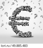 Euro questions and confusion concept as a currency symbol and financial guidance icon as a european money icon made of a group of question marks forecasting uncertainty and crisis risk. Стоковое фото, агентство Ingram Publishing / Фотобанк Лори