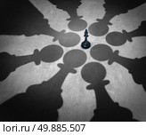 Winning together business team symbol teaming up to defeat a powerful opponent with eight chess pawns encircling the competition forming a strong partnership that succeeds over the king as a winning group strategy. Стоковое фото, агентство Ingram Publishing / Фотобанк Лори