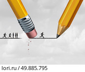 Help concept and corporate support as a group of people excluded from advancing on a drawing of a line that is being erased and sketched by a pencil. Стоковое фото, агентство Ingram Publishing / Фотобанк Лори