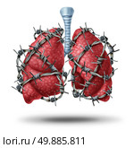 Lung pain medical concept as a pair of human lungs organ wrapped with dangerous barbed or barb wire as a health care symbol of cardiovascular problems as cystic fibrosis or chest pain metaphor. Стоковое фото, агентство Ingram Publishing / Фотобанк Лори