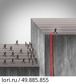 Winning strategy plan as a smarter more cunning businessman using a hidden ladder to rise above an industry obstacle and rise above the competition who are blocked by a high wall barrier using new thinking under the radar. Стоковое фото, агентство Ingram Publishing / Фотобанк Лори