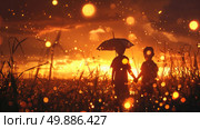 Two individuals standing in a field, sheltered under a large umbrella from the sun or rain. Стоковое AI-изображение, AI-художник Данила Большаков / Фотобанк Лори