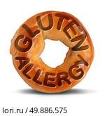 Gluten allergy symbol as a bagel bread or wheat product with text imbedded in the dough as a hypersensitivity allergic food concept on a white background. Стоковое фото, агентство Ingram Publishing / Фотобанк Лори