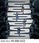 Corrupt system concept and dishonest organization idea as a group of business people climbing a ladder shaped with fraudulent members of leadership with long liar noses as a metaphor for corporate or structural corruption and fraud. Стоковое фото, агентство Ingram Publishing / Фотобанк Лори