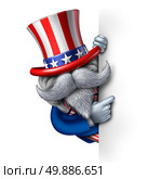 Uncle Sam character holding a blank vertical sign as a patriotic icon of an American symbol of political government elections or fourth of july celebration person delivring a message. Стоковое фото, агентство Ingram Publishing / Фотобанк Лори