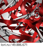 Cutting red tape and bureaucracy obstacle business concept as a group of scissors making cuts to symbols of government gridlock and regulatory confusion. Стоковое фото, агентство Ingram Publishing / Фотобанк Лори