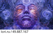 A serene female face emerges from a swirl of intricate purple patterns, suggesting a deep meditative or dream state. Стоковое AI-изображение, AI-художник Данила Большаков / Фотобанк Лори